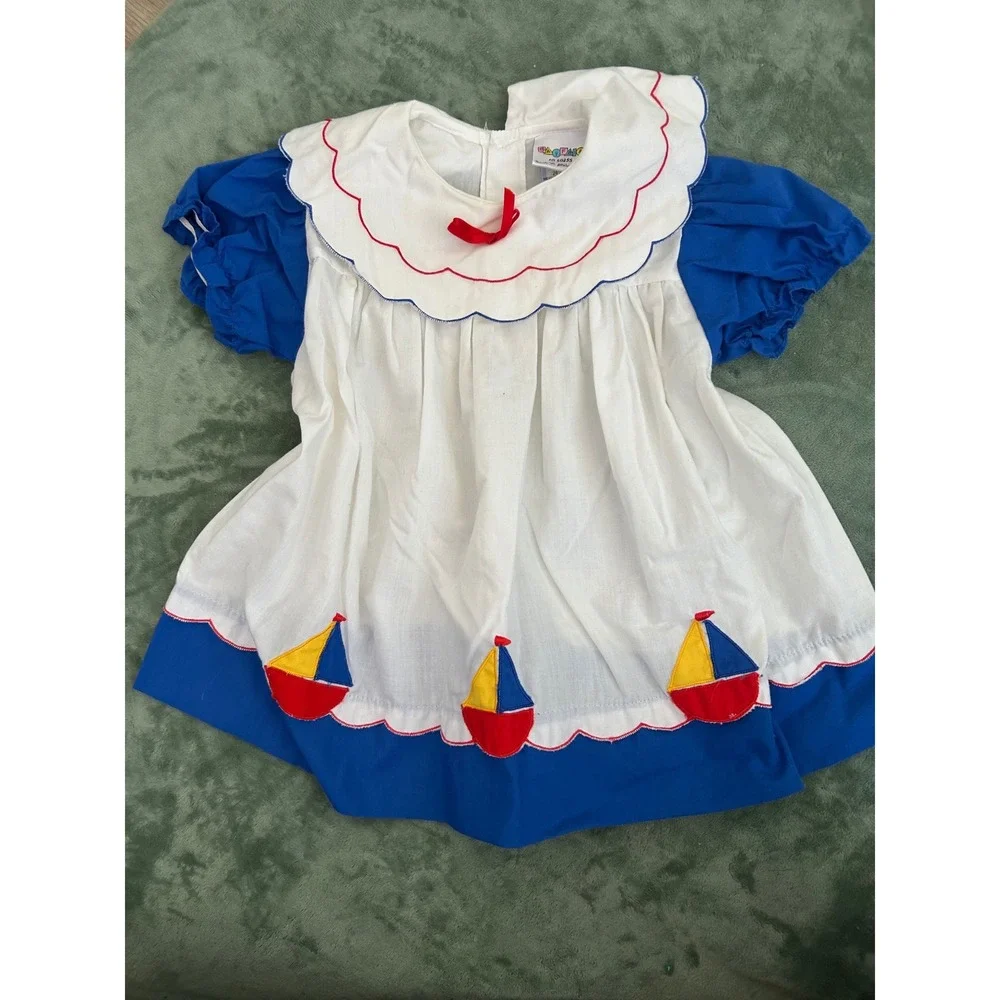 Vintage Kids Stuff Nautical Sailboat‎ Dress Blue White Scalloped 24m Nostalgia